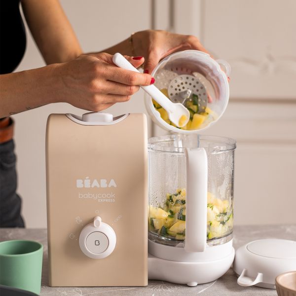 Robot Babycook Express Terre d'argile + Bavoir à manches évolutif et 2 en 1 Playful + Portion Verre Vert Sauge 150ml