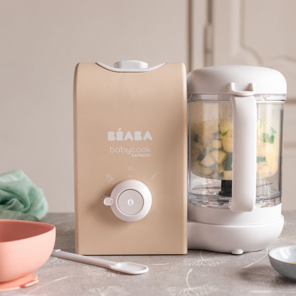 Robot Babycook Express Terre d'argile + Bavoir à manches évolutif et 2 en 1 Playful + Portion Verre Vert Sauge 150ml