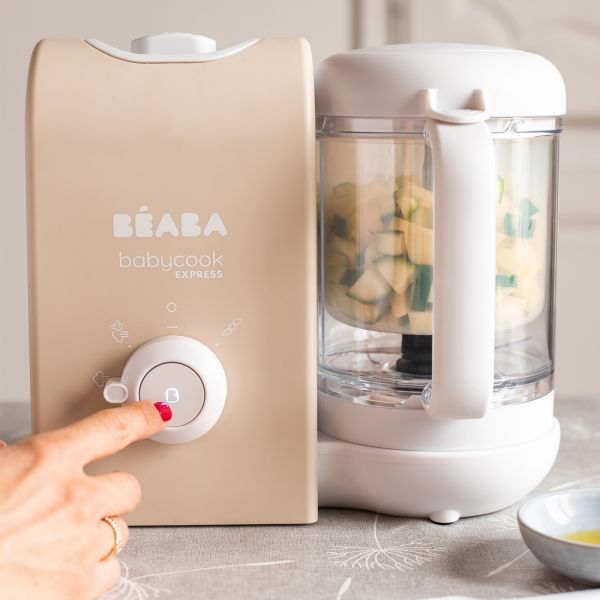 Robot Babycook Express Terre d'argile + Bavoir à manches évolutif et 2 en 1 Playful + Portion Verre Vert Sauge 150ml