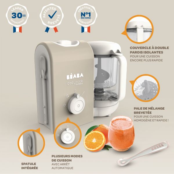 Robot Babycook Express Terre d'argile + Bavoir à manches évolutif et 2 en 1 Playful + Portion Verre Vert Sauge 150ml