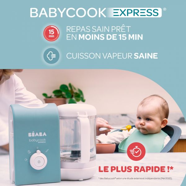 Robot Babycook Express Terre d'argile + Bavoir à manches évolutif et 2 en 1 Playful + Portion Verre Vert Sauge 150ml