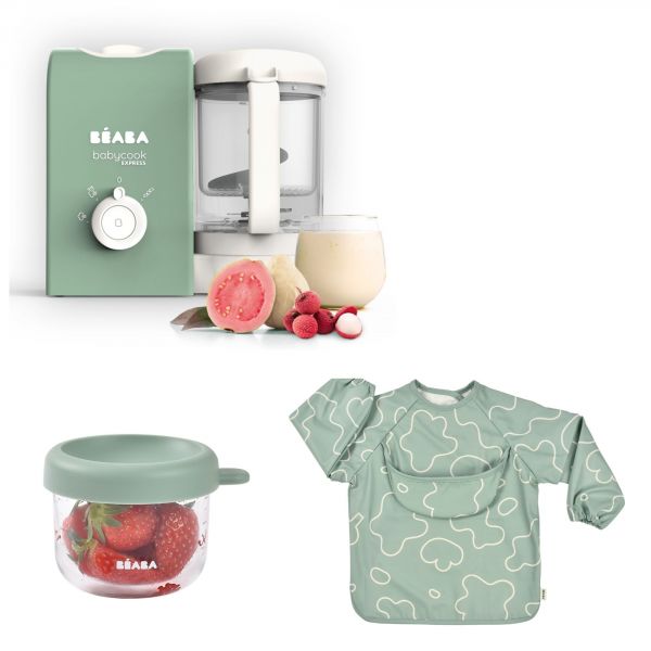 Robot Babycook Express Vert Sauge + Bavoir à manches évolutif et 2 en 1 Sage green + Portion Verre Vert Sauge 150ml