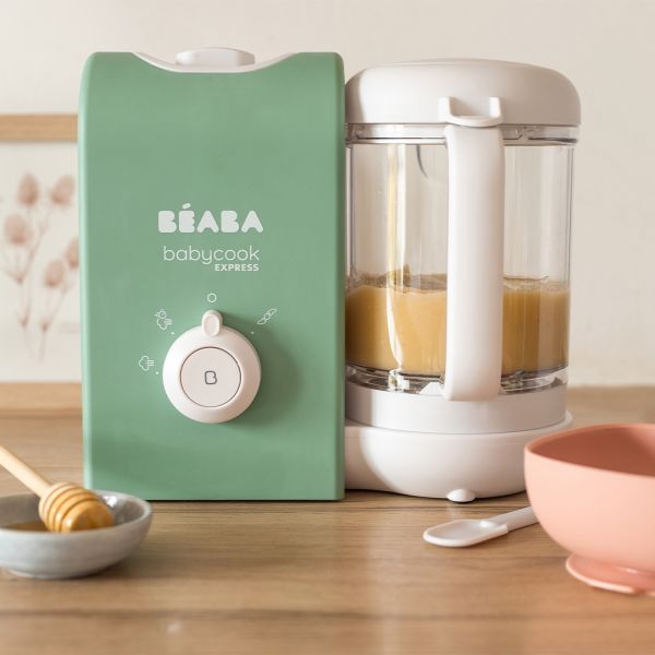 Robot Babycook Express Vert Sauge + Bavoir à manches évolutif et 2 en 1 Sage green + Portion Verre Vert Sauge 150ml
