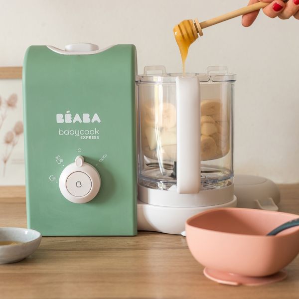 Robot Babycook Express Vert Sauge + Bavoir à manches évolutif et 2 en 1 Sage green + Portion Verre Vert Sauge 150ml