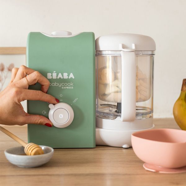 Robot Babycook Express Vert Sauge + Bavoir à manches évolutif et 2 en 1 Sage green + Portion Verre Vert Sauge 150ml