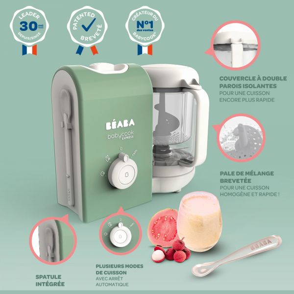 Robot Babycook Express Vert Sauge + Bavoir à manches évolutif et 2 en 1 Sage green + Portion Verre Vert Sauge 150ml