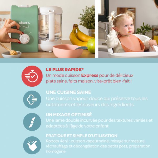 Robot Babycook Express Vert Sauge + Bavoir à manches évolutif et 2 en 1 Sage green + Portion Verre Vert Sauge 150ml