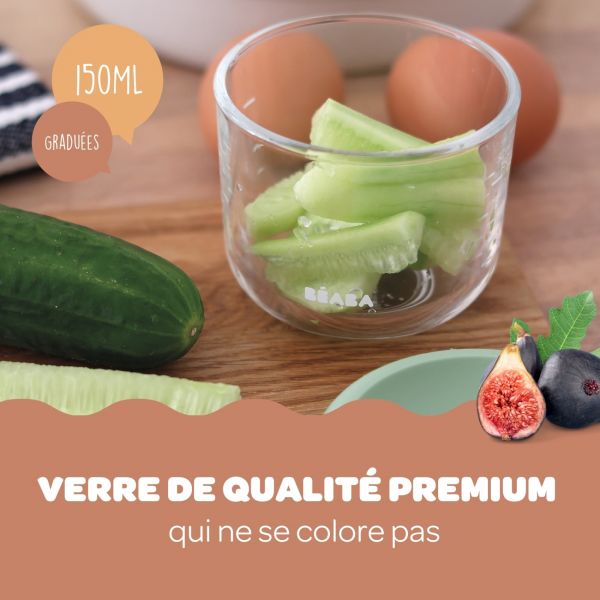 Robot Babycook Express Vert Sauge + Bavoir à manches évolutif et 2 en 1 Sage green + Portion Verre Vert Sauge 150ml