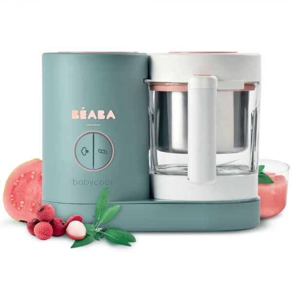 Robot Babycook Neo Eucalyptus + Bavoir à manches évolutif Sage green + Coffret repas verre Eucalyptus