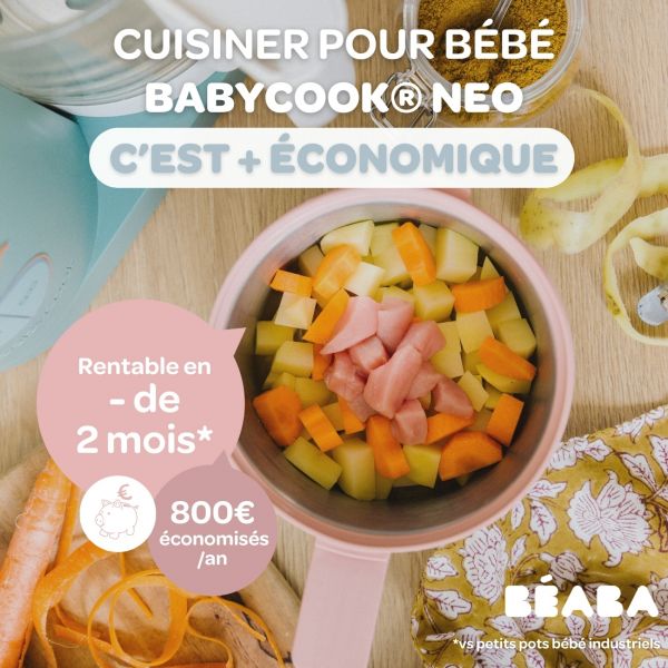 Robot Babycook Neo Eucalyptus + Bavoir à manches évolutif Sage green + Coffret repas verre Eucalyptus