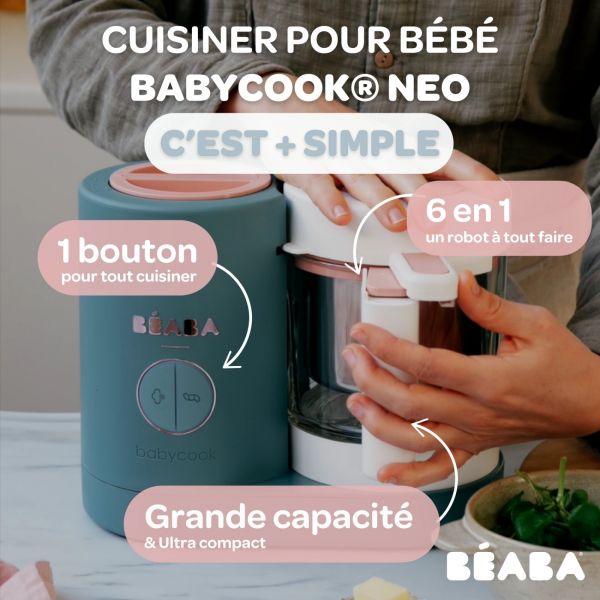 Robot Babycook Neo Eucalyptus + Bavoir à manches évolutif Sage green + Coffret repas verre Eucalyptus