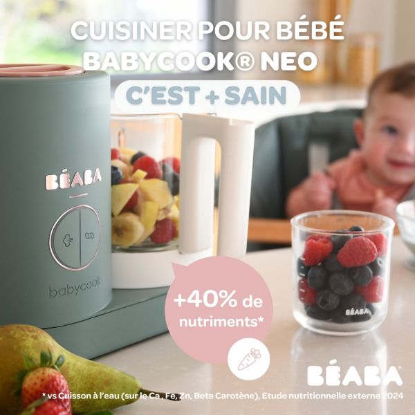 Robot Babycook Neo Eucalyptus + Bavoir à manches évolutif Sage green + Coffret repas verre Eucalyptus