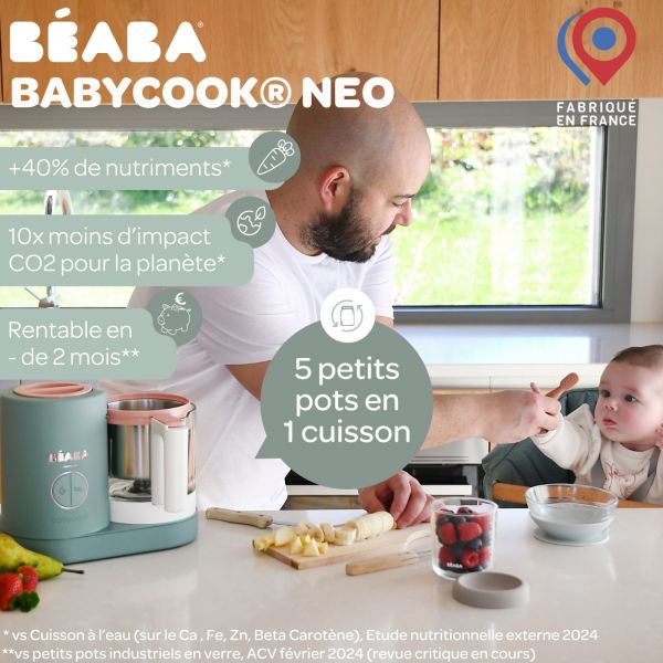 Robot Babycook Neo Eucalyptus + Bavoir à manches évolutif Sage green + Coffret repas verre Eucalyptus
