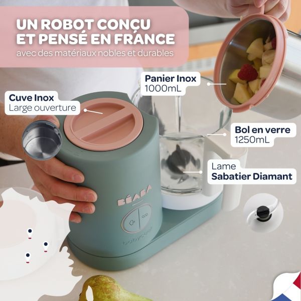 Robot Babycook Neo Eucalyptus + Bavoir à manches évolutif Sage green + Coffret repas verre Eucalyptus