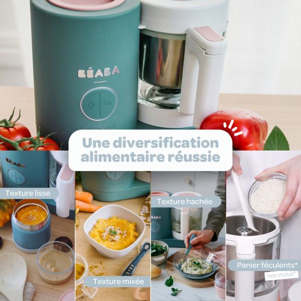 Robot Babycook Neo Eucalyptus + Bavoir à manches évolutif Sage green + Coffret repas verre Eucalyptus