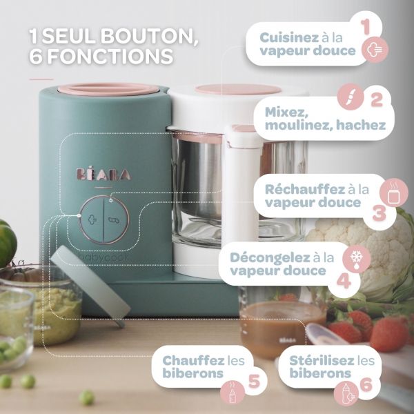 Robot Babycook Neo Eucalyptus + Bavoir à manches évolutif Sage green + Coffret repas verre Eucalyptus