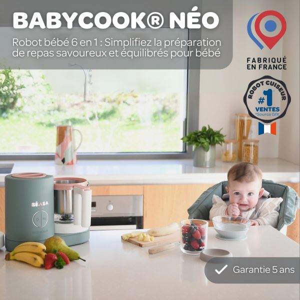 Robot Babycook Neo Eucalyptus + Bavoir à manches évolutif Sage green + Coffret repas verre Eucalyptus