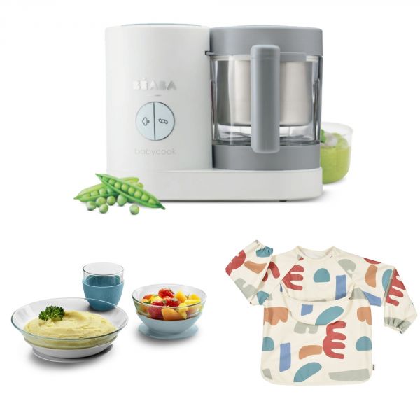 Robot Babycook Neo Grey et white + Bavoir à manches évolutif et 2 en 1 Playful + Coffret repas verre Jungle