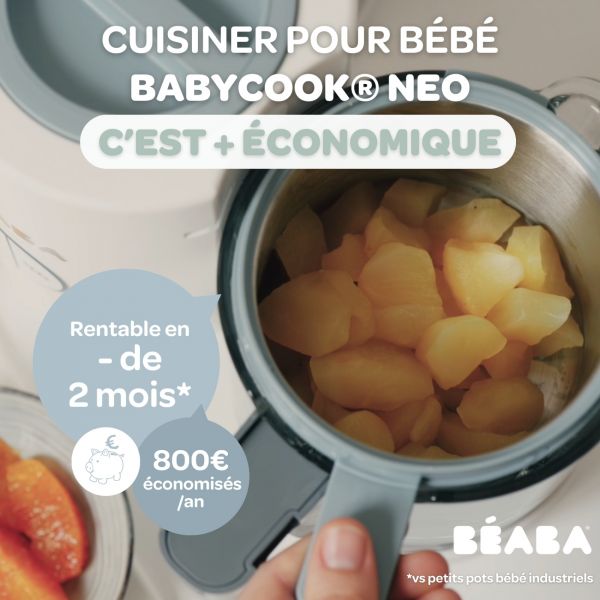 Robot Babycook Neo Grey et white + Bavoir à manches évolutif et 2 en 1 Playful + Coffret repas verre Jungle