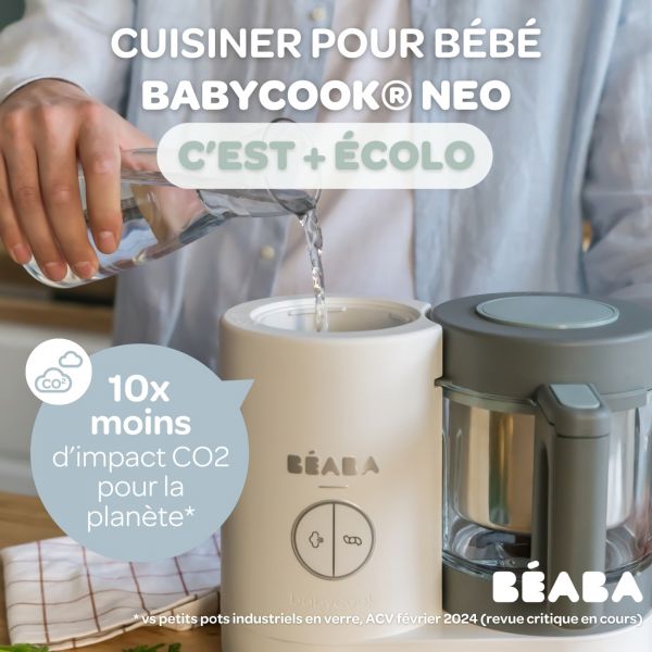 Robot Babycook Neo Grey et white + Bavoir à manches évolutif et 2 en 1 Playful + Coffret repas verre Jungle