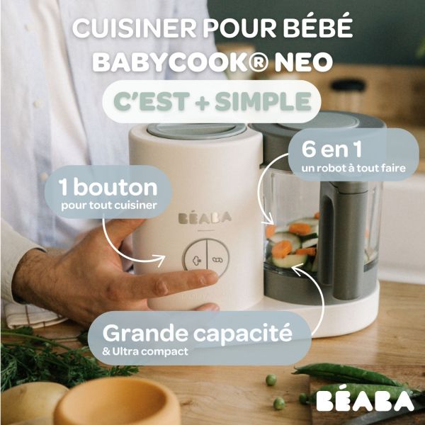 Robot Babycook Neo Grey et white + Bavoir à manches évolutif et 2 en 1 Playful + Coffret repas verre Jungle
