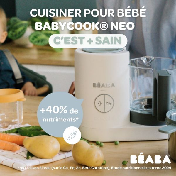 Robot Babycook Neo Grey et white + Bavoir à manches évolutif et 2 en 1 Playful + Coffret repas verre Jungle