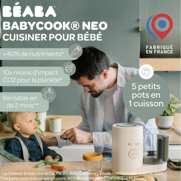 Robot Babycook Neo Grey et white + Bavoir à manches évolutif et 2 en 1 Playful + Coffret repas verre Jungle