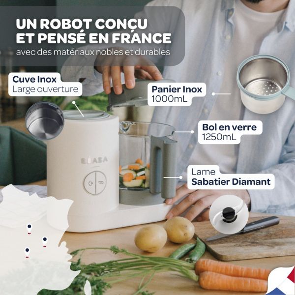 Robot Babycook Neo Grey et white + Bavoir à manches évolutif et 2 en 1 Playful + Coffret repas verre Jungle