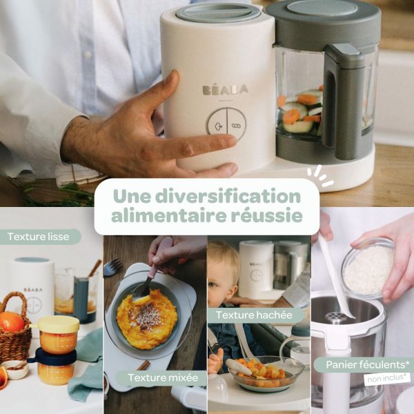 Robot Babycook Neo Grey et white + Bavoir à manches évolutif et 2 en 1 Playful + Coffret repas verre Jungle