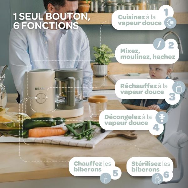 Robot Babycook Neo Grey et white + Bavoir à manches évolutif et 2 en 1 Playful + Coffret repas verre Jungle