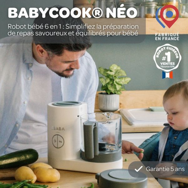 Robot Babycook Neo Grey et white + Bavoir à manches évolutif et 2 en 1 Playful + Coffret repas verre Jungle