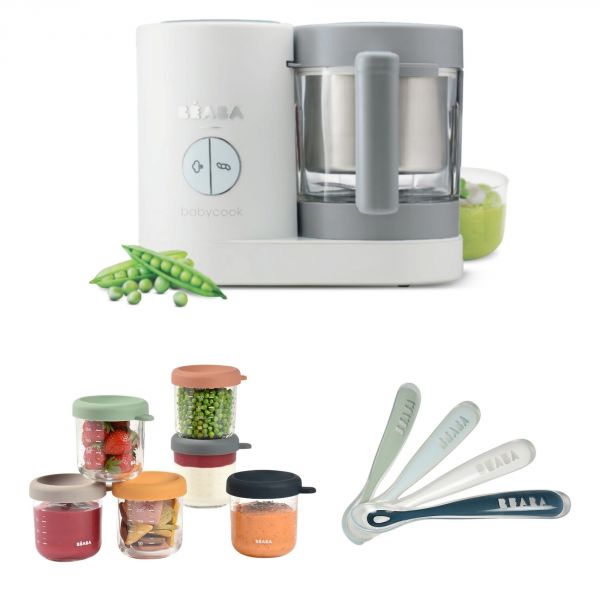 Robot Babycook Neo Grey et white + Coffret 6 portions verre 250ml Sunrise color mix + Lot de 4 cuillères 1er âge silicone Storm