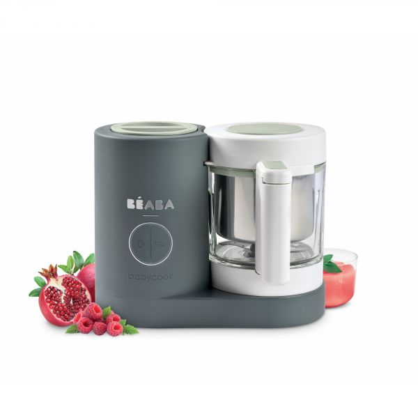 Robot Babycook Neo Gris mineral + Bavoir à manches évolutif et 2 en 1 Sage green + Coffret repas verre Eucalyptus