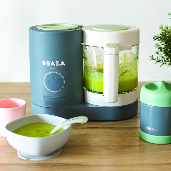 Robot Babycook Neo Gris mineral + Bavoir à manches évolutif et 2 en 1 Sage green + Coffret repas verre Eucalyptus