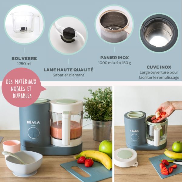 Robot Babycook Neo Gris mineral + Bavoir à manches évolutif et 2 en 1 Sage green + Coffret repas verre Eucalyptus