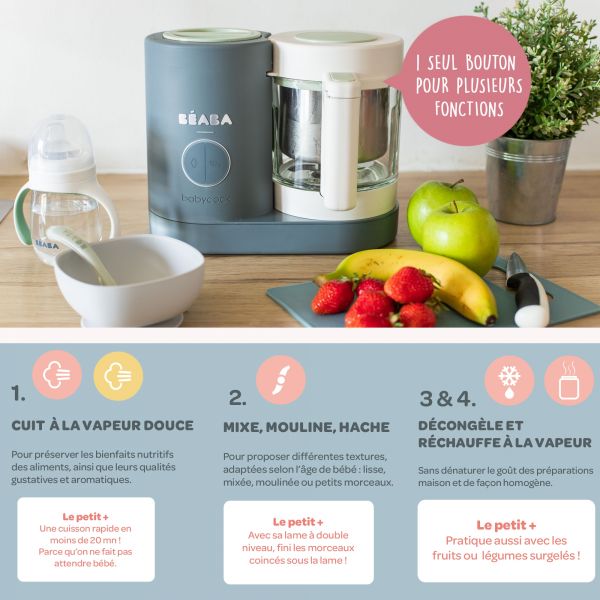 Robot Babycook Neo Gris mineral + Bavoir à manches évolutif et 2 en 1 Sage green + Coffret repas verre Eucalyptus