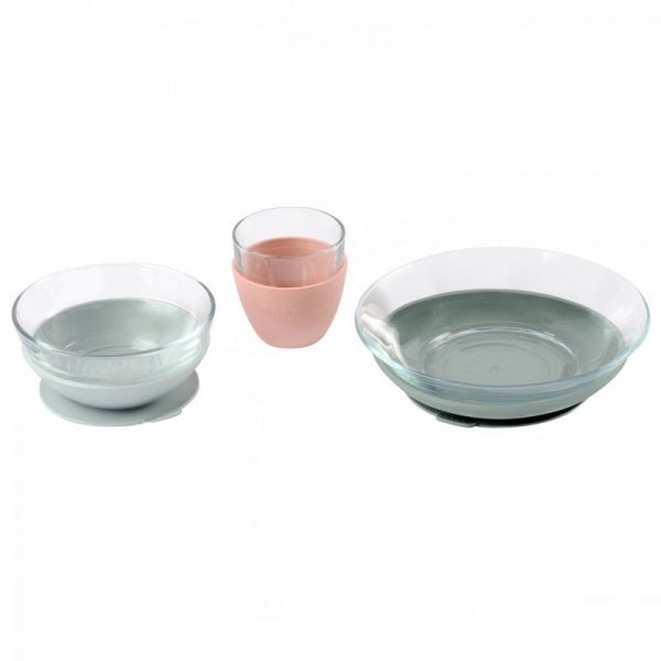 Robot Babycook Neo Gris mineral + Bavoir à manches évolutif et 2 en 1 Sage green + Coffret repas verre Eucalyptus