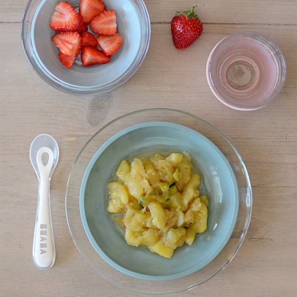 Robot Babycook Neo Gris mineral + Bavoir à manches évolutif et 2 en 1 Sage green + Coffret repas verre Eucalyptus
