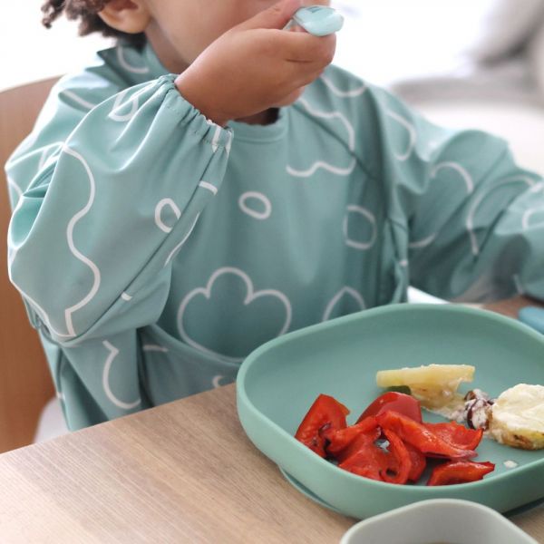 Robot Babycook Neo Gris mineral + Bavoir à manches évolutif et 2 en 1 Sage green + Coffret repas verre Eucalyptus