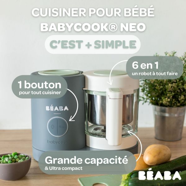 Robot Babycook Neo Gris mineral + Coffret 6 portions verre 250ml Sunrise color mix + Lot de 4 cuillères 1er âge silicone Storm