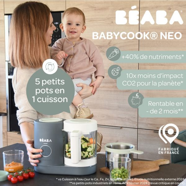 Robot Babycook Neo Gris mineral + Coffret 6 portions verre 250ml Sunrise color mix + Lot de 4 cuillères 1er âge silicone Storm