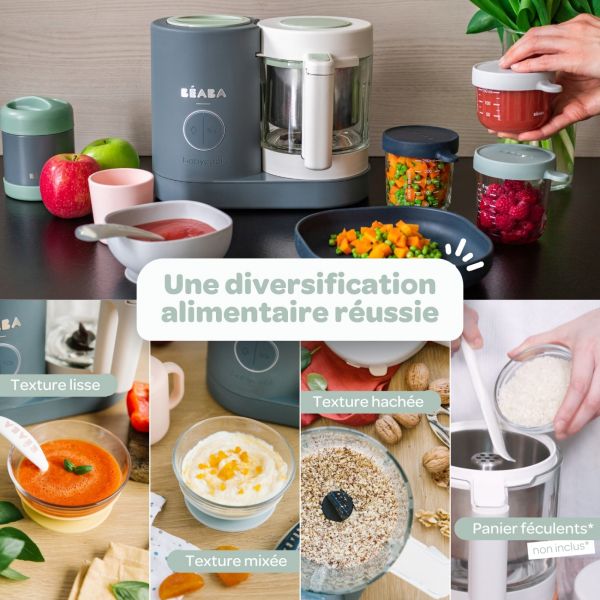 Robot Babycook Neo Gris mineral + Coffret 6 portions verre 250ml Sunrise color mix + Lot de 4 cuillères 1er âge silicone Storm