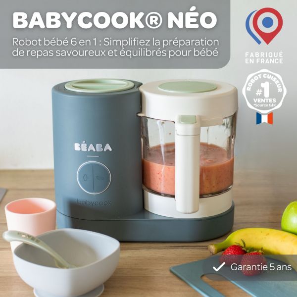 Robot Babycook Neo Gris mineral + Coffret 6 portions verre 250ml Sunrise color mix + Lot de 4 cuillères 1er âge silicone Storm