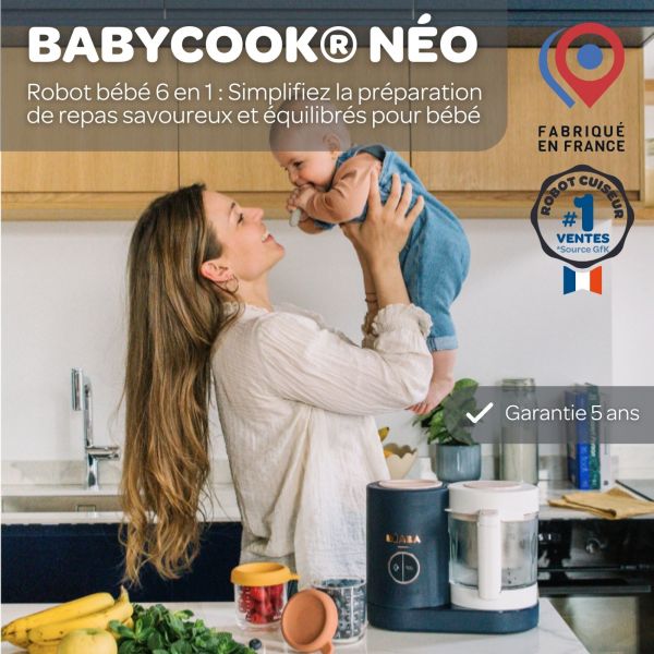 Robot Babycook Neo Night Blue + Bavoir à manches évolutif et 2 en 1 Playful + Coffret repas verre Jungle