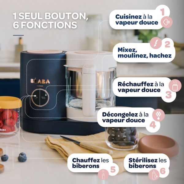 Robot Babycook Neo Night Blue + Bavoir à manches évolutif et 2 en 1 Playful + Coffret repas verre Jungle