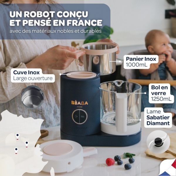 Robot Babycook Neo Night Blue + Bavoir à manches évolutif et 2 en 1 Playful + Coffret repas verre Jungle