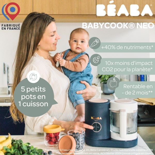 Robot Babycook Neo Night Blue + Bavoir à manches évolutif et 2 en 1 Playful + Coffret repas verre Jungle