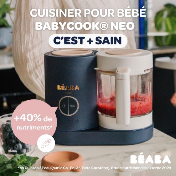 Robot Babycook Neo Night Blue + Bavoir à manches évolutif et 2 en 1 Playful + Coffret repas verre Jungle