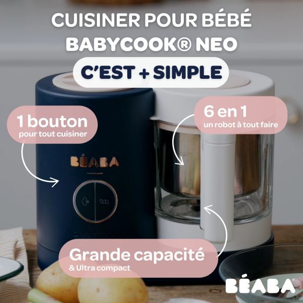 Robot Babycook Neo Night Blue + Bavoir à manches évolutif et 2 en 1 Playful + Coffret repas verre Jungle
