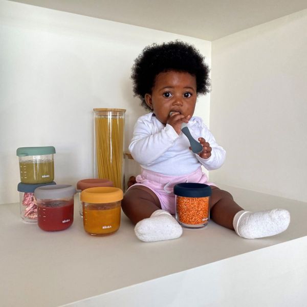 Robot Babycook Neo Night Blue + Coffret 6 portions verre 250ml Sunrise color mix + Lot de 4 cuillères 1er âge silicone Storm